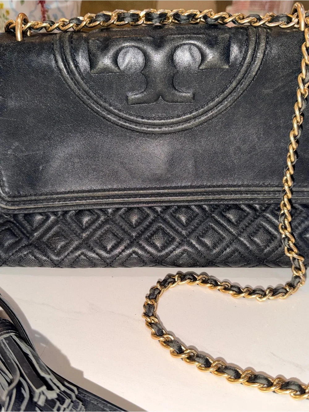 Tory Burch Black Quilted Leather Fleming Shoulder Bag